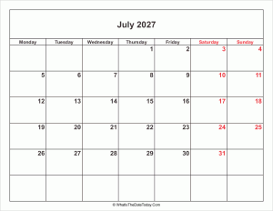 july 2027 calendar with weekend highlight