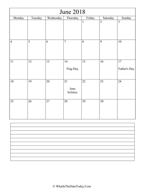 june 2018 calendar editable with notes (vertical)