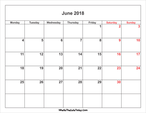 june 2018 calendar with weekend highlight