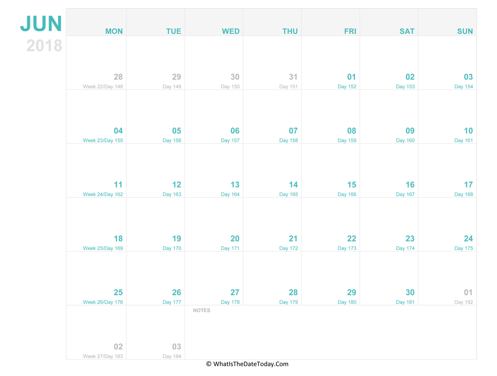 june 2018 Editable Calendar