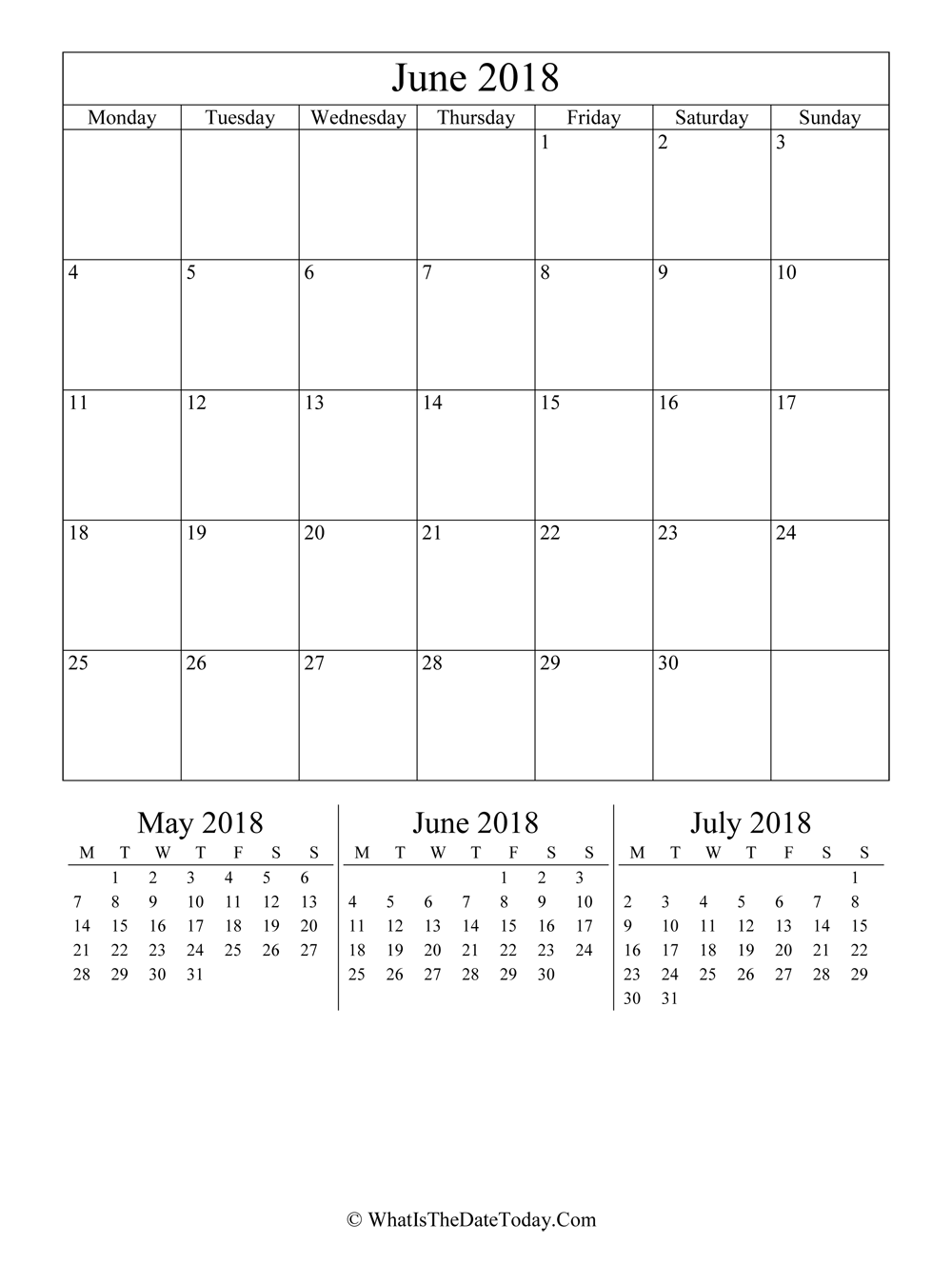 june 2018 editable calendar with three mini calendars in vertical layout