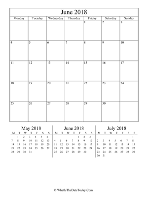 june 2018 editable calendar (vertical) with three mini months