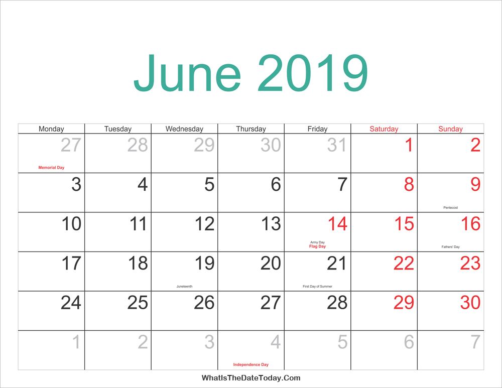 June 2019 Calendar With Holidays