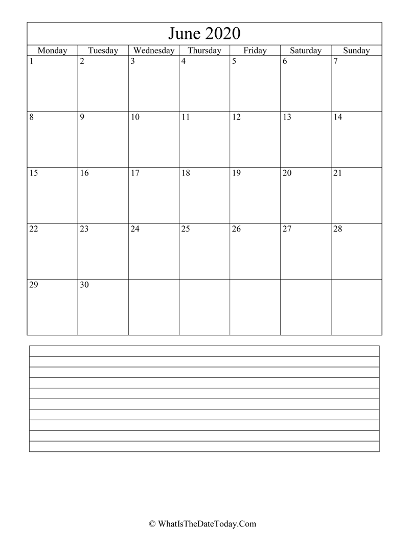 june 2020 calendar editable with notes in vertical layout