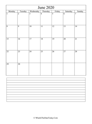 june 2020 calendar editable with notes