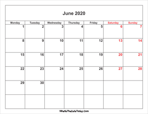 june 2020 calendar weekend highlight