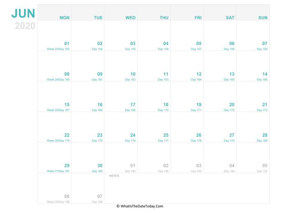 june 2020 Editable Calendar