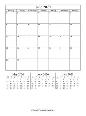 june 2020 editable calendar (vertical) with three mini months