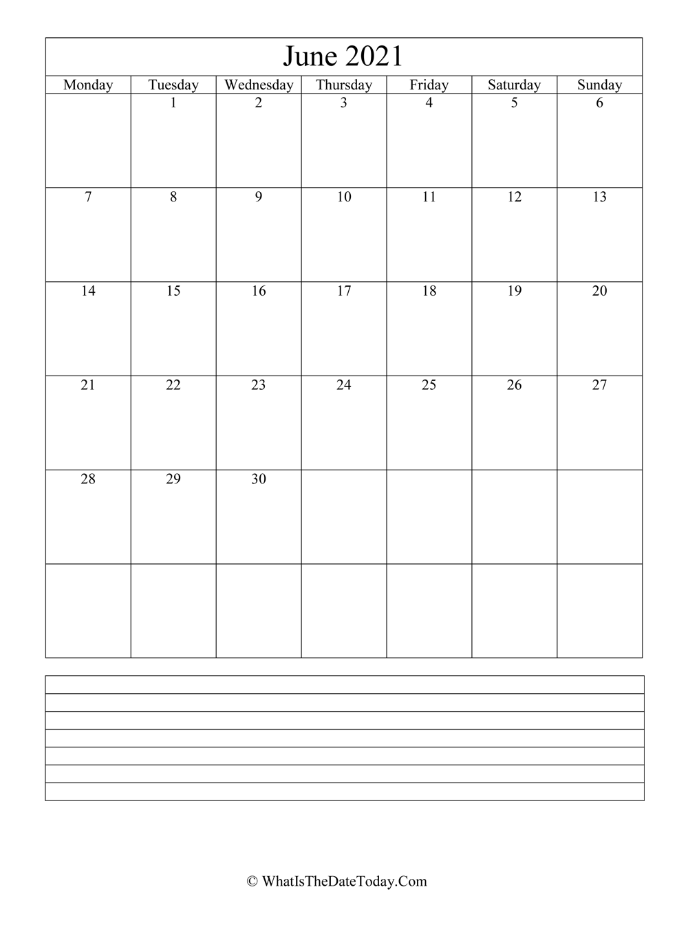 june 2021 calendar editable with notes in vertical layout