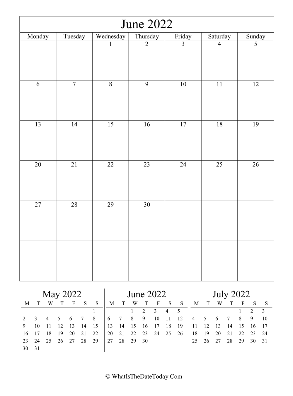 june 2022 editable calendar with three mini calendars in vertical layout