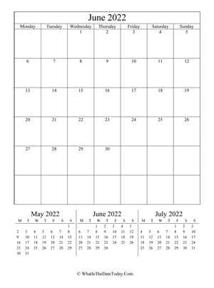 june 2022 editable calendar (vertical) with three mini months