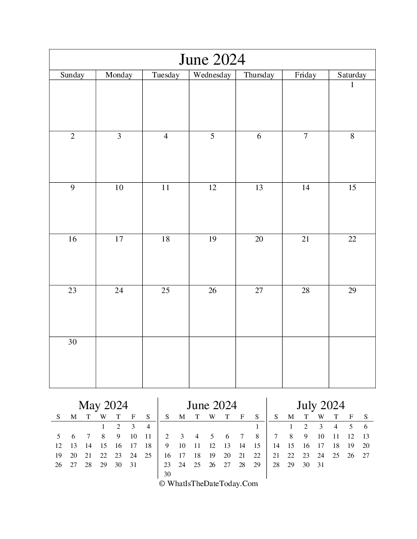 june 2024 editable calendar with three mini calendars in vertical layout