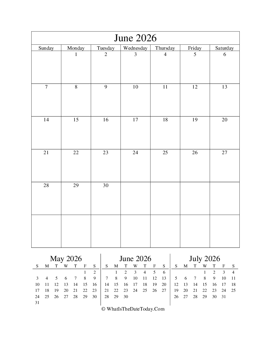 june 2026 editable calendar with three mini calendars in vertical layout