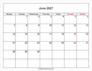 june 2027 calendar with weekend highlight