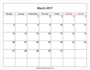 march 2017 calendar with weekend highlight
