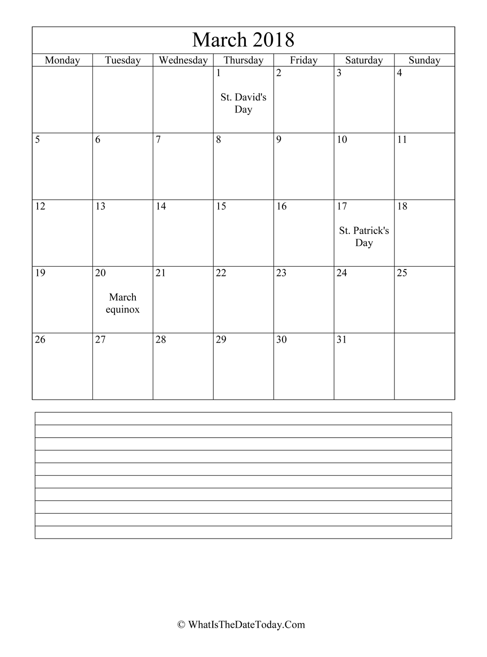 march 2018 calendar editable with notes in vertical layout