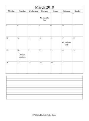 march 2018 calendar editable with notes (vertical)
