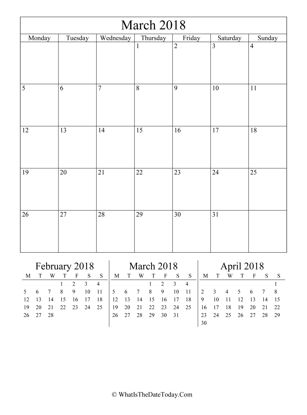 march 2018 editable calendar with three mini calendars in vertical layout