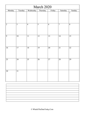 march 2020 calendar editable with notes