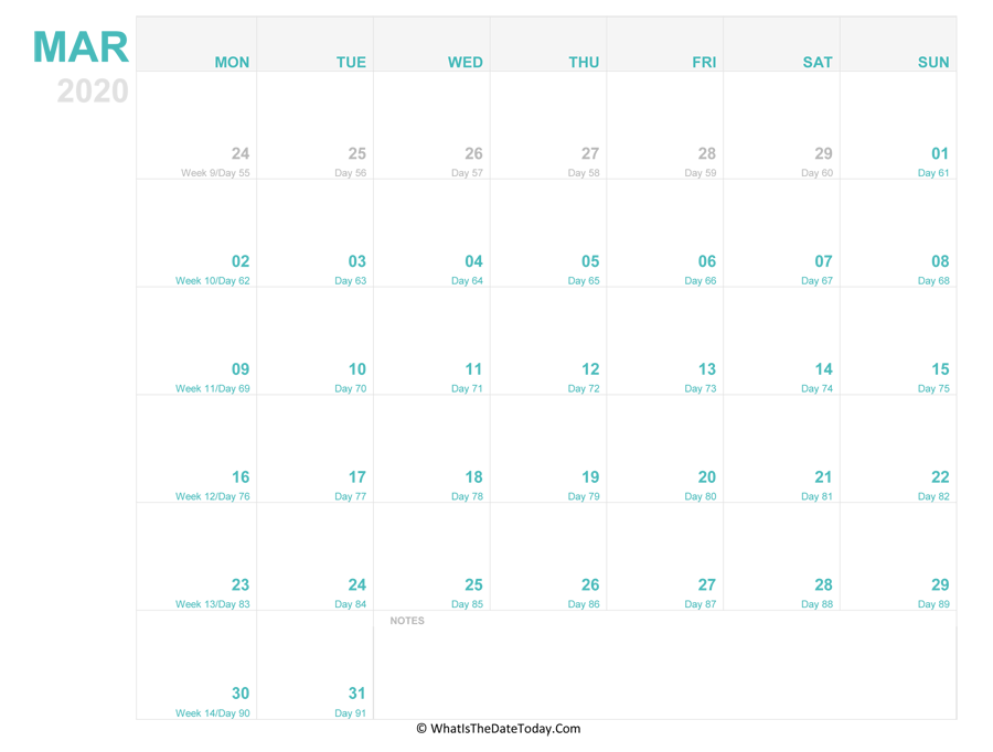 march 2020 Editable Calendar