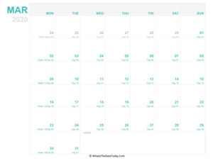 march 2020 editable calendar