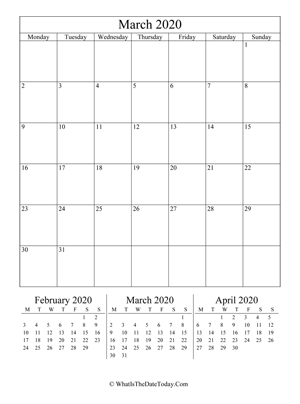 march 2020 editable calendar (vertical) with three mini months