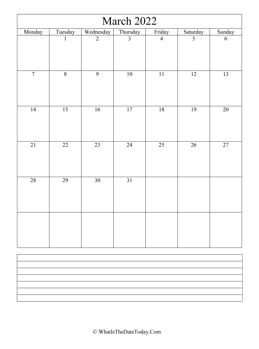march 2022 calendar editable with notes in vertical layout