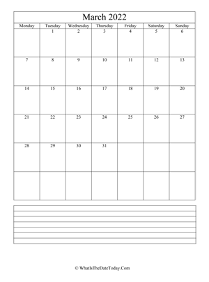 march 2022 calendar editable with notes (vertical)