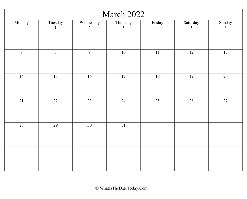 march 2022 Editable Calendar