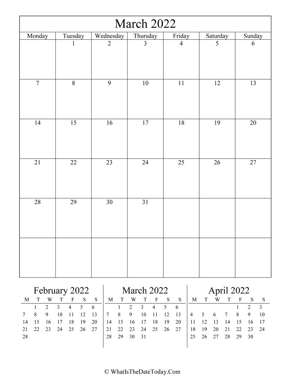 march 2022 editable calendar with three mini calendars in vertical layout