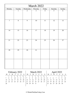 march 2022 editable calendar (vertical) with three mini months