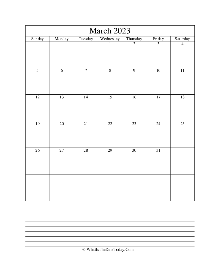 march 2023 calendar editable with notes in vertical layout