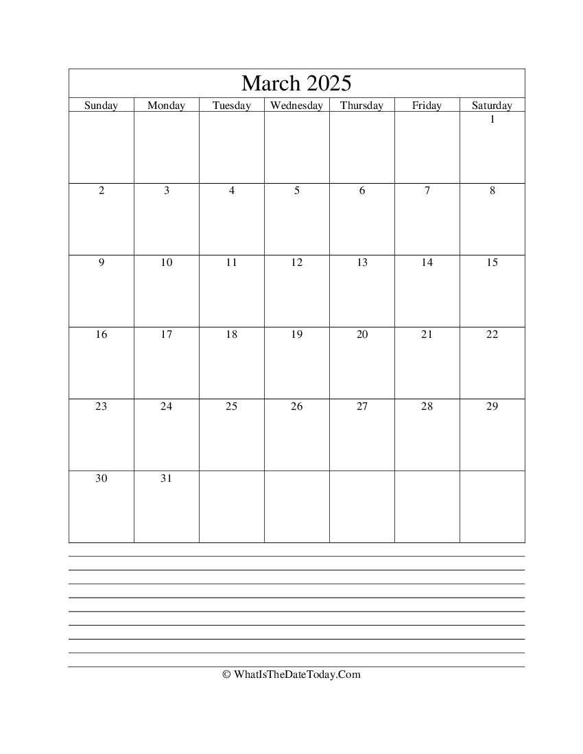march 2025 calendar editable with notes in vertical layout