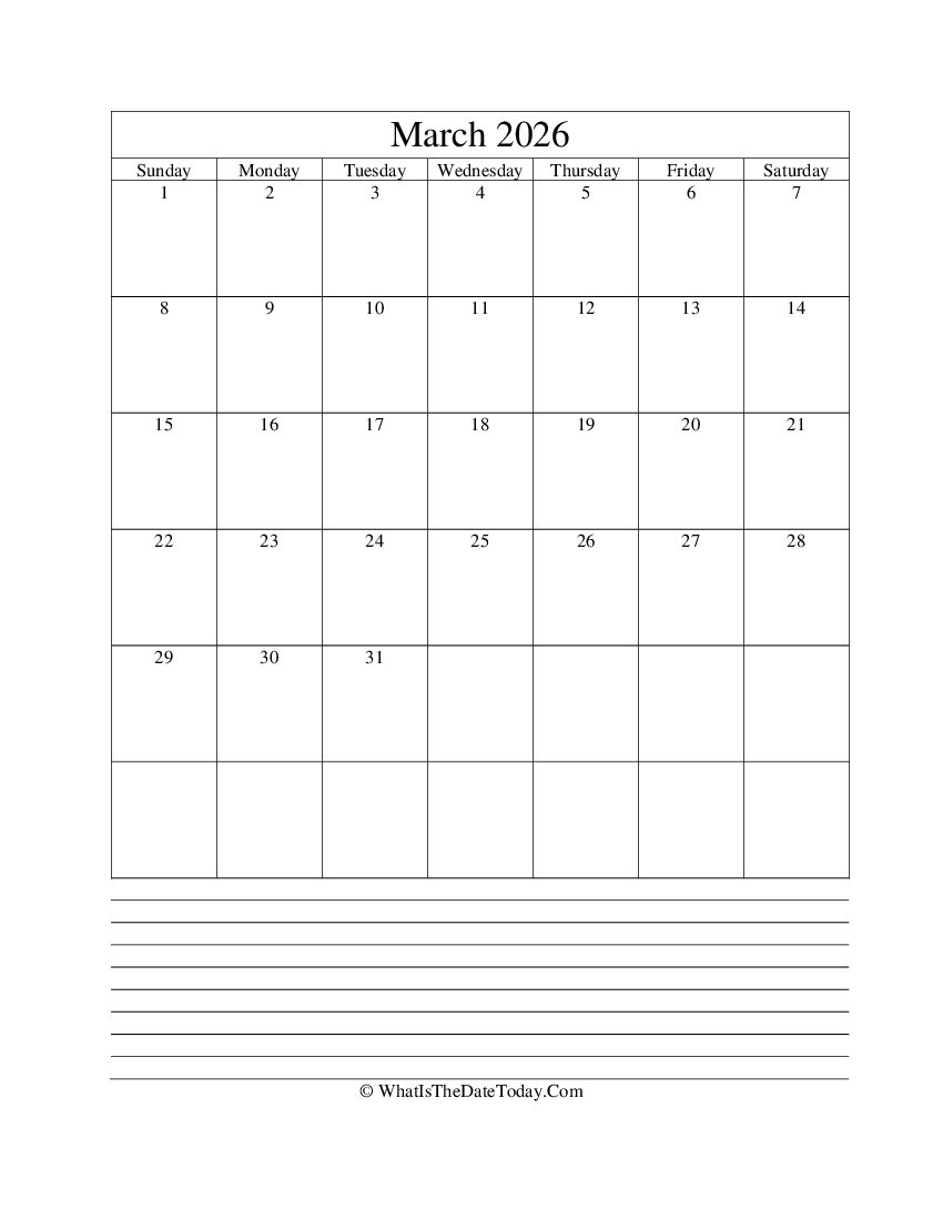 march 2026 calendar editable with notes in vertical layout