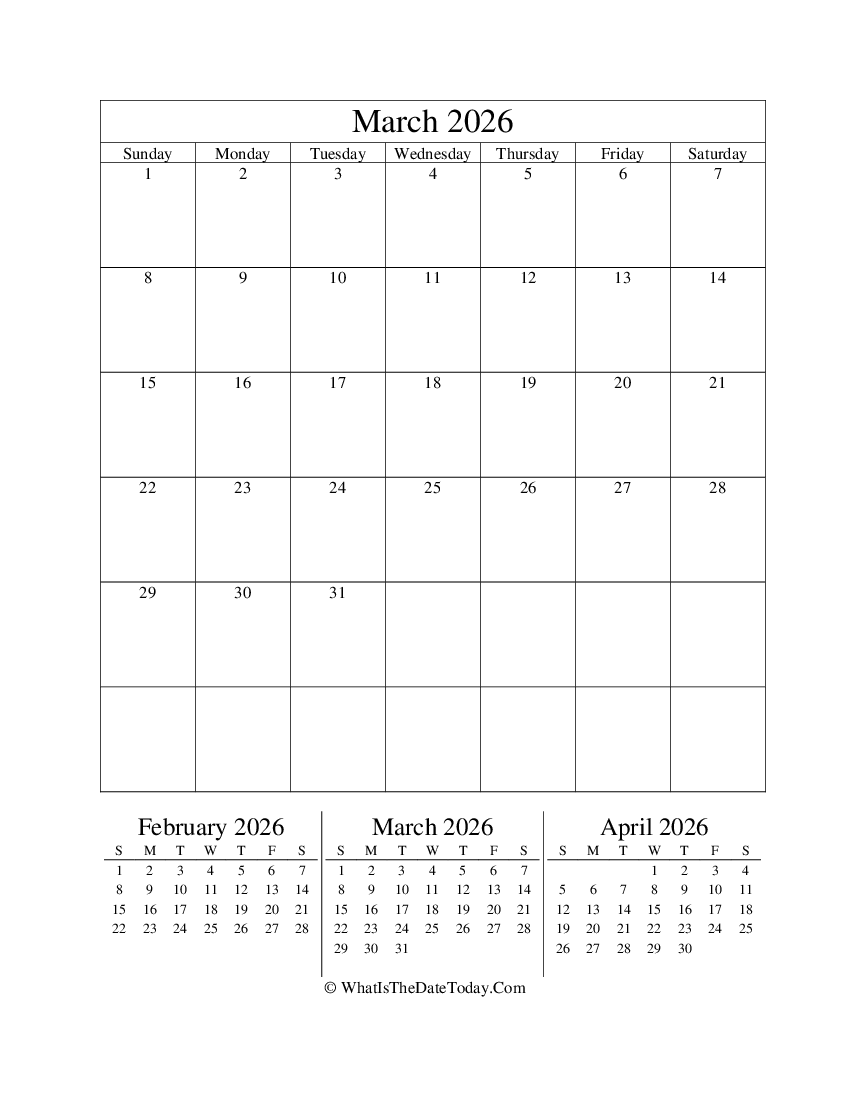 march 2026 editable calendar with three mini calendars in vertical layout