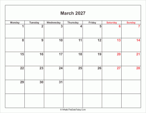 march 2027 calendar with weekend highlight