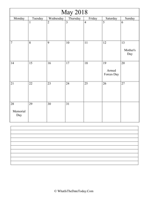 may 2018 calendar editable with notes (vertical)