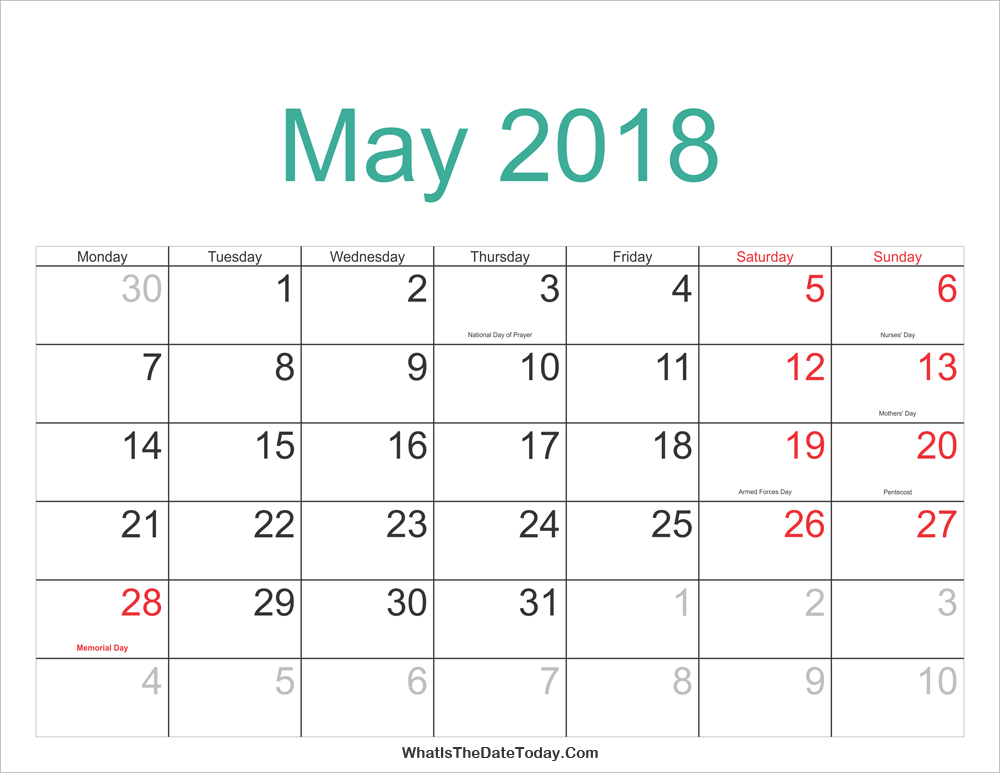 may 2018 calendar with holidays