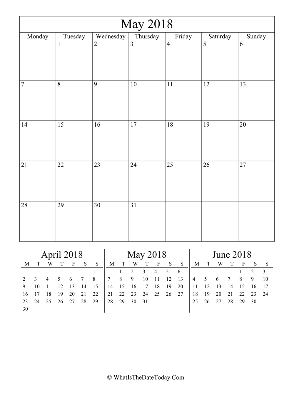 may 2018 editable calendar with three mini calendars in vertical layout