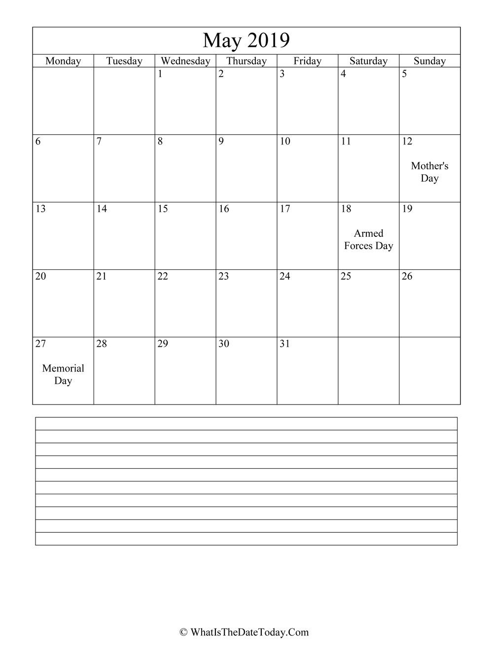 may 2019 calendar editable with notes in vertical layout