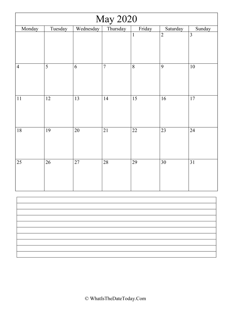 may 2020 calendar editable with notes in vertical layout