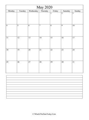 may 2020 calendar editable with notes