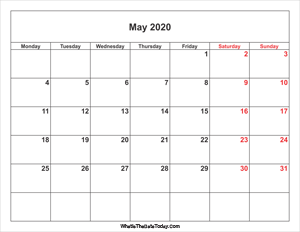 may 2020 calendar with weekend highlight