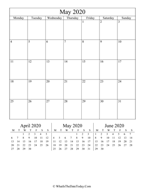may 2020 editable calendar (vertical) with three mini months