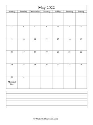 may 2022 calendar editable with notes
