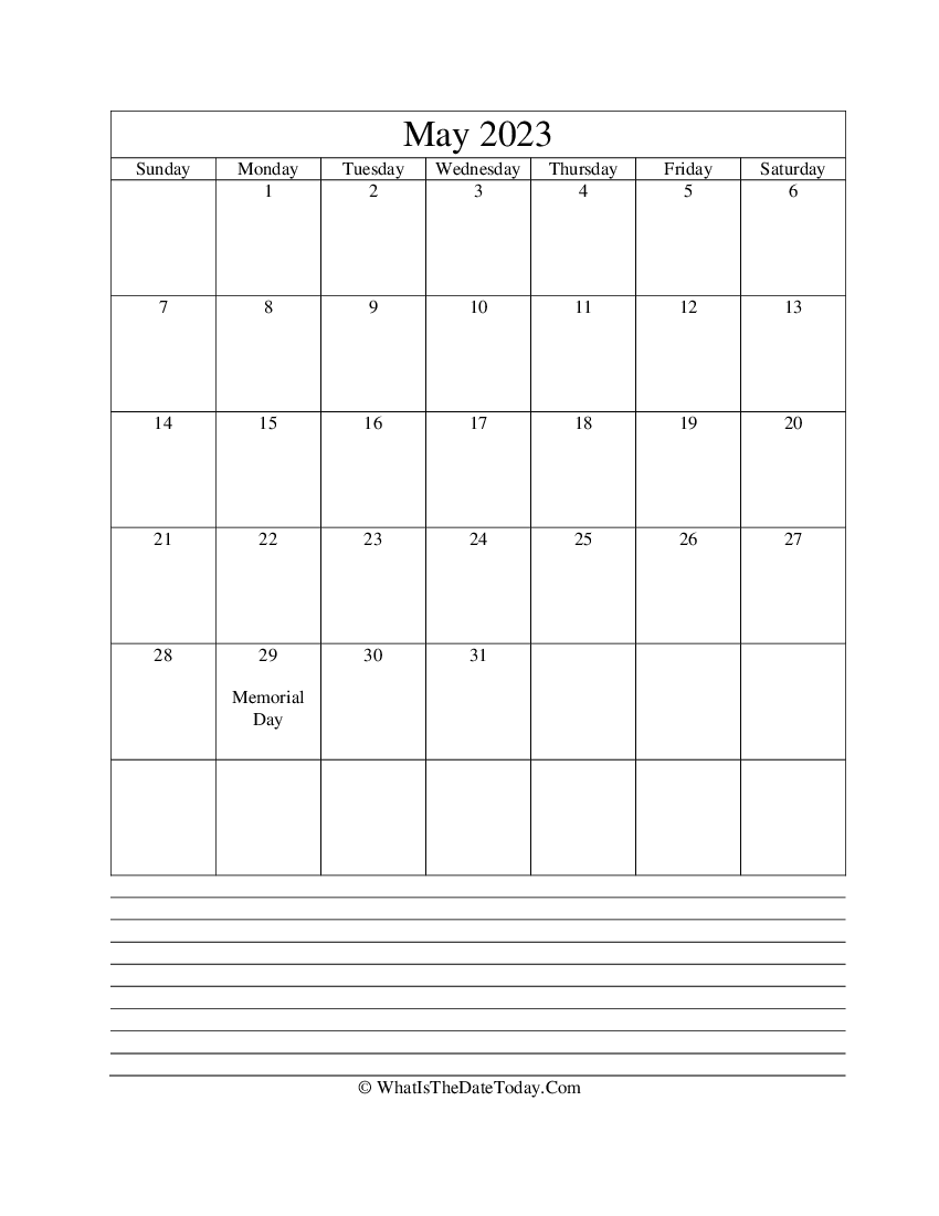 may 2023 calendar editable with notes in vertical layout