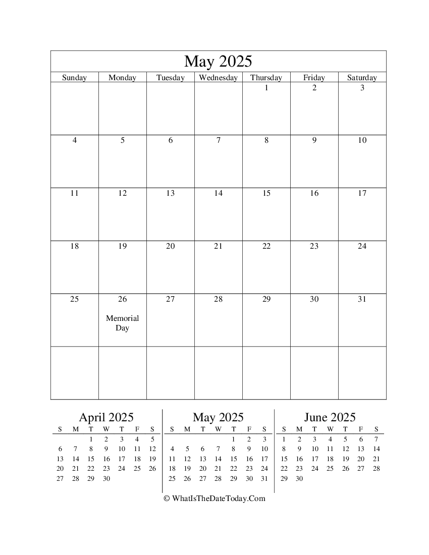 may 2025 editable calendar with three mini calendars in vertical layout