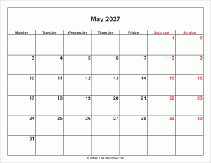 may 2027 calendar with weekend highlight
