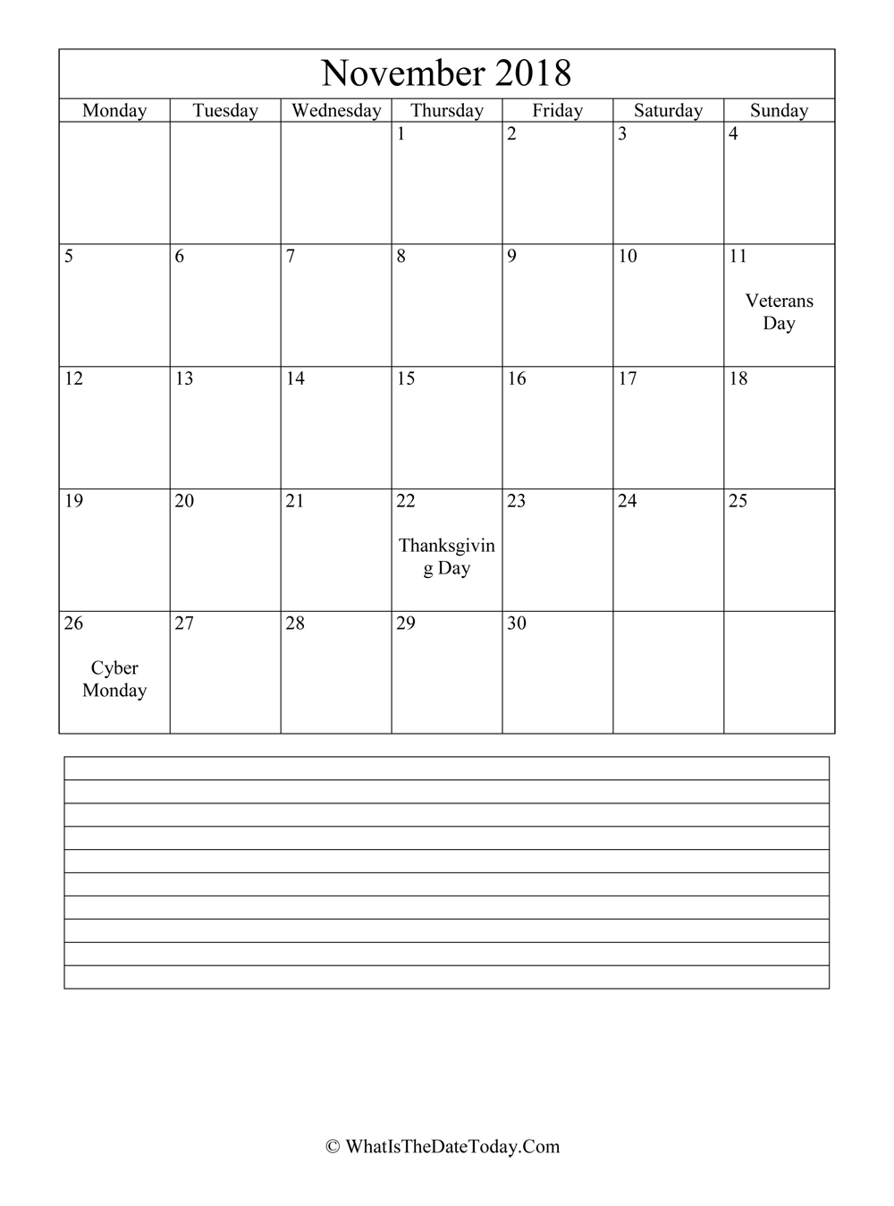 november 2018 calendar editable with notes in vertical layout