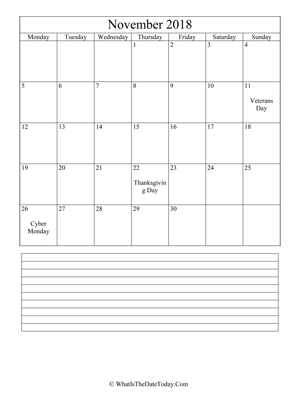 november 2018 calendar editable with notes